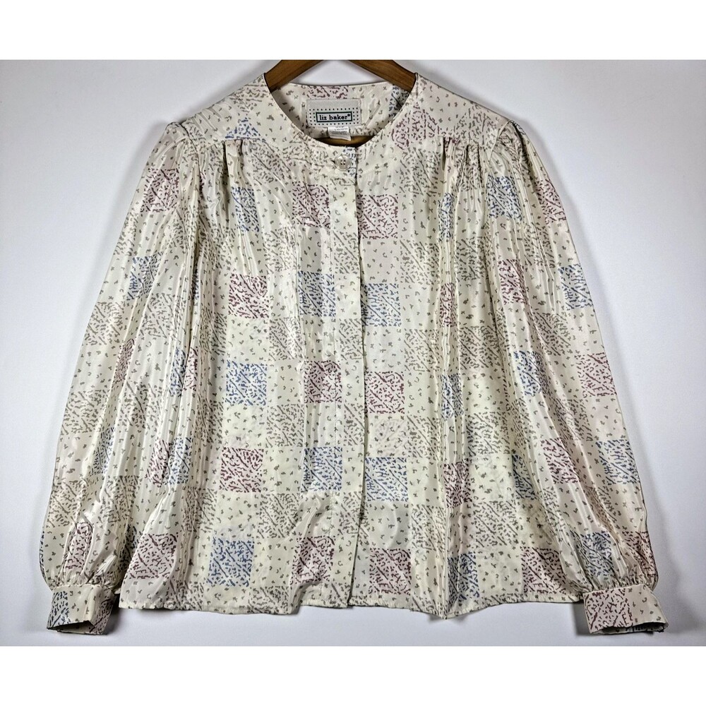 Liz Baker Blouse Women 16 Ivory Abstract Print USA Made Lightweight Button Front